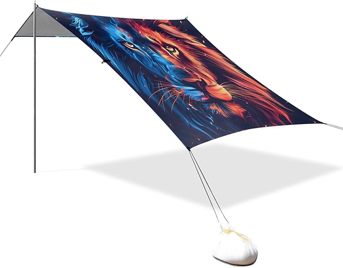 ALAZA Lion Portrait Flame &amp Ice Beach Tent Sun Shelter UPF50+ Protection Beach Shade Canopy w/ 4 Sandbags for Outdoor Camping Fishing Backyard Fun Picnic 10x9 ft