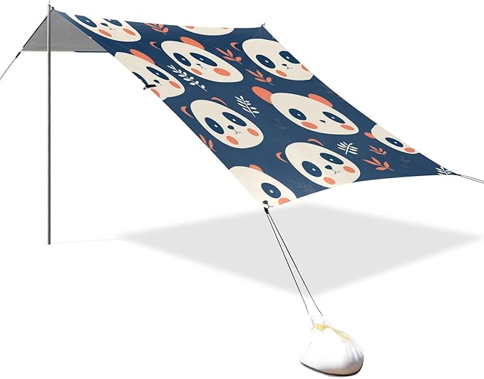 Cute Panda Faces Foldable Beach Tent UPF50+ Protection Lightweight Shade Sun Shelter with Sturdy Poles Sandbags and Shovel for Camping Picnics Backyard &amp Fishing