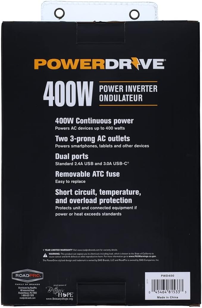 PowerDrive PWD400 400 Watt Power Inverter 12v DC to 110v AC with 2 Outlets and 2 Ports
