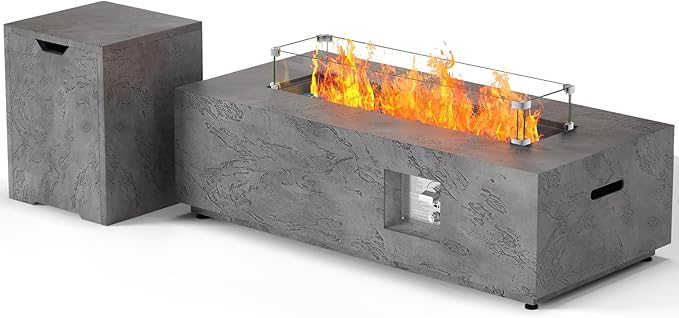 SUNPEAK 42 Rectangular Propane Fire Pit table 50000 BTU Fireplace Table with Wind Guard Lid Rocks and Cover - Fire Pits &amp Outdoor Fireplaces - Gas Fire Pits for Outside Patio (Concrete Stone