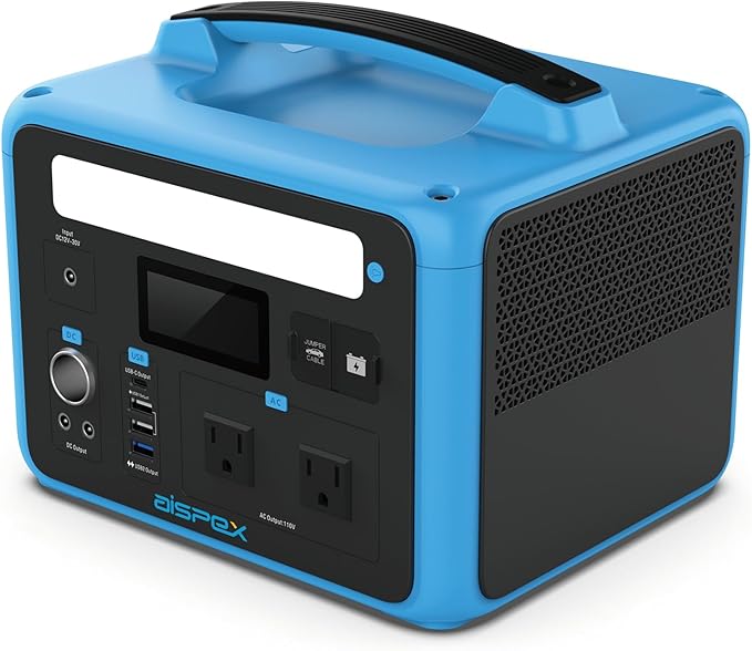 Portable Power Station 640Wh AISPEX Solar Generator with Jumper Starter 110V/600W Pure Sine Wave AC Outlet PD 60W Lifepo4 Battery Power Stations for Home Backup RV/VAN Camping Travel Emergency