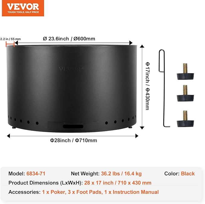 VEVOR Smokeless Fire Pit Stove Bonfire H: 17 in x Dia: 28 inWood Burning Fireplaces with Removable Ash Pan SUS430 Stainless Steel Inner Portable Outdoor Firepitfor Outdoor Patio Camping Black