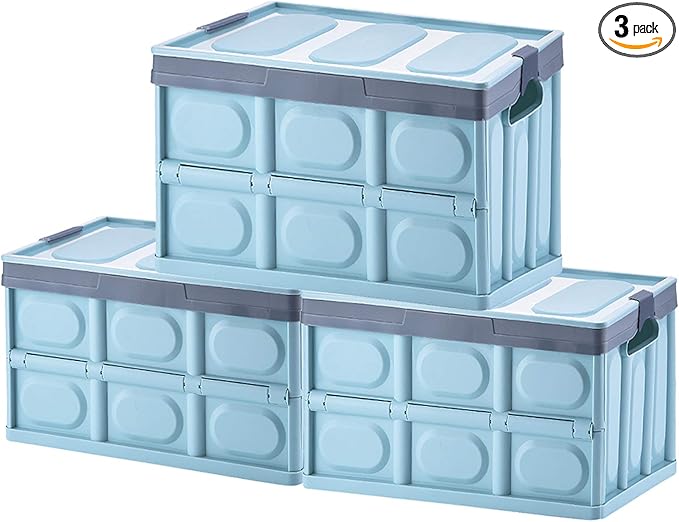 Phyllia Foldable Storage Boxes with Lidsz 3 Pack Collapsible Plastic Storage Bins Organizer Containers Baskets Cub with CoverStackable Utility Crates Storage Box (Blue 30L)