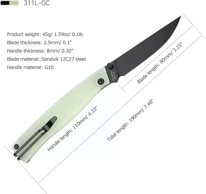 Sanrenmu Folding Knife with Pocket Detachable Clip 3.15 12C27 Steel Blade G10 Handle Foldable Knife 190mm/ 7.48 Full Length Utility 311L for EDC Outdoor Camping Hiking (Green)
