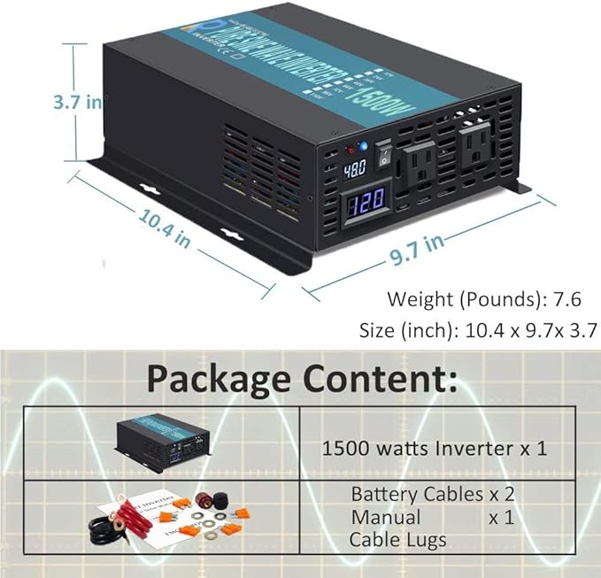 WZRELB 1500W 48V 120V Pure Sine Wave Power Inverter with 2 AC OutletsCar Inverter