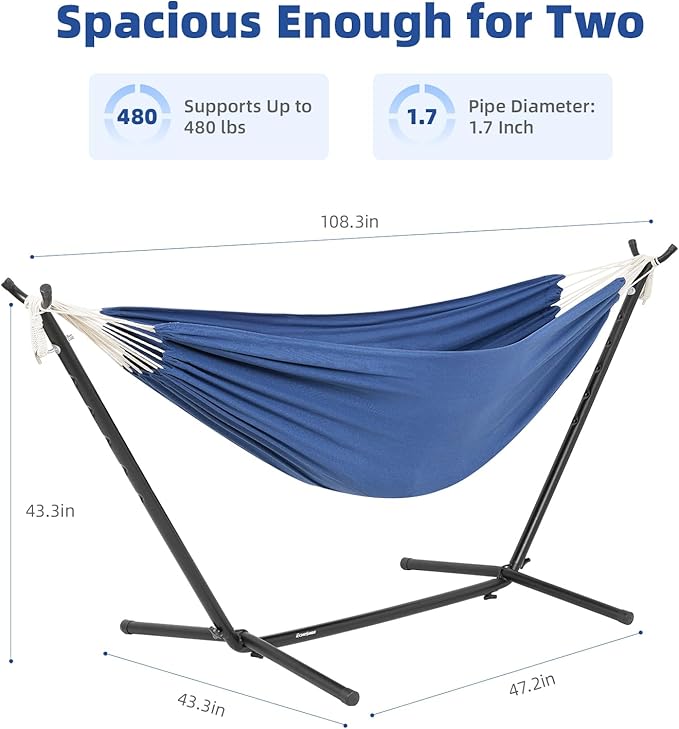 EchoSmile Double Hammock with Detachable Stand - 480 lbs Heavy Duty 2 Person Adjustable Hooks Indoor Outdoor Stand Hammock Durable Steel Frame Blue
