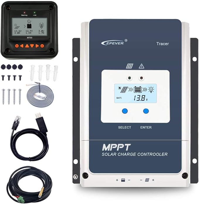 EPEVER 50A MPPT Solar Charge Controller 12V/24V/36V/48V Auto Max.PV 150V Input Negative Ground Solar Panel Charge Regulator with MT50 Remote Meter Temperature Sensor RTS &amp PC Communication Cable R