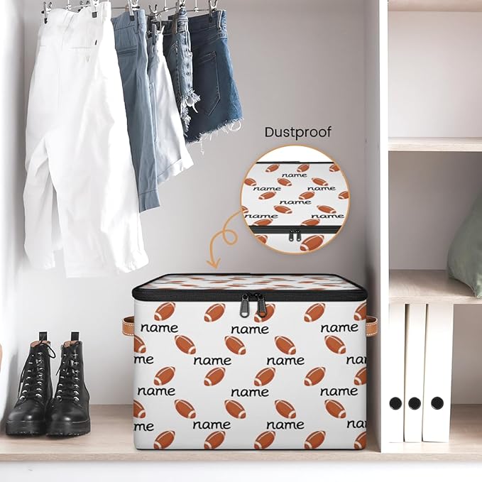 Custom Storage Bins with Zipper Lid Football Personalized Foldable Storage Baskets Brown Closet Shelf Clothes Organizer Cube with PU Leather Handles