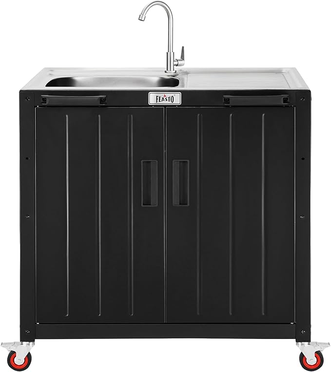 Feasto Outdoor Kitchen Island with Stainless Steel Sink and Storage Cabinet 35-Inch BBQ Prep Station with Faucet &amp Lockable Wheels for Patio Backyard and Outdoor Cooking Black &amp Silver