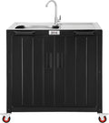 Feasto Outdoor Kitchen Island with Stainless Steel Sink and Storage Cabinet 35-Inch BBQ Prep Station with Faucet &amp Lockable Wheels for Patio Backyard and Outdoor Cooking Black &amp Silver