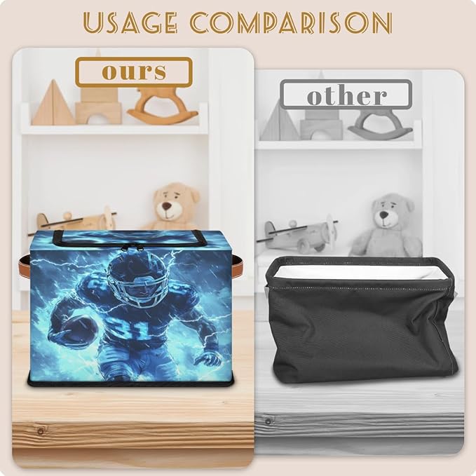 Football Storage Box with Lid American Football Player Collapsible Storage Bins Baskets Cubes Closet Shelf Clothes Organizer Containers with PU Leather Handles