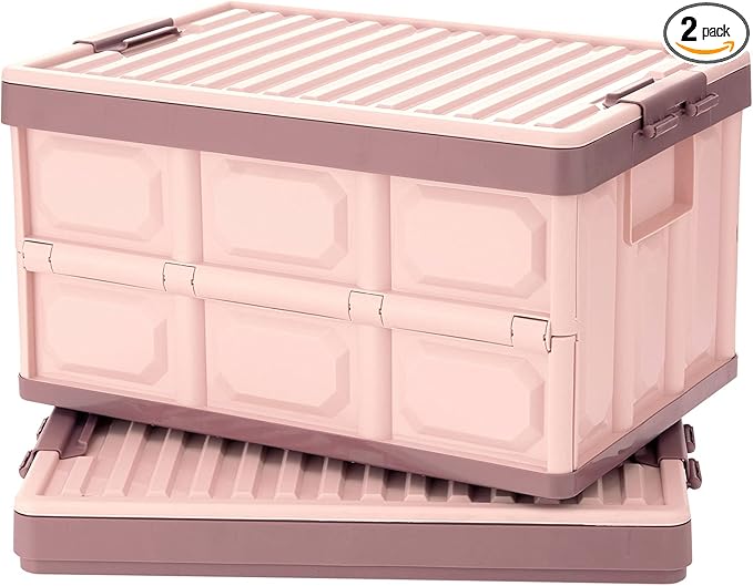 Pink Collapsible Storage Bins with Lids 2-Pack Folding Plastic Stackable Utility Crates 30L Durable Containers for Home &amp Garage Organization