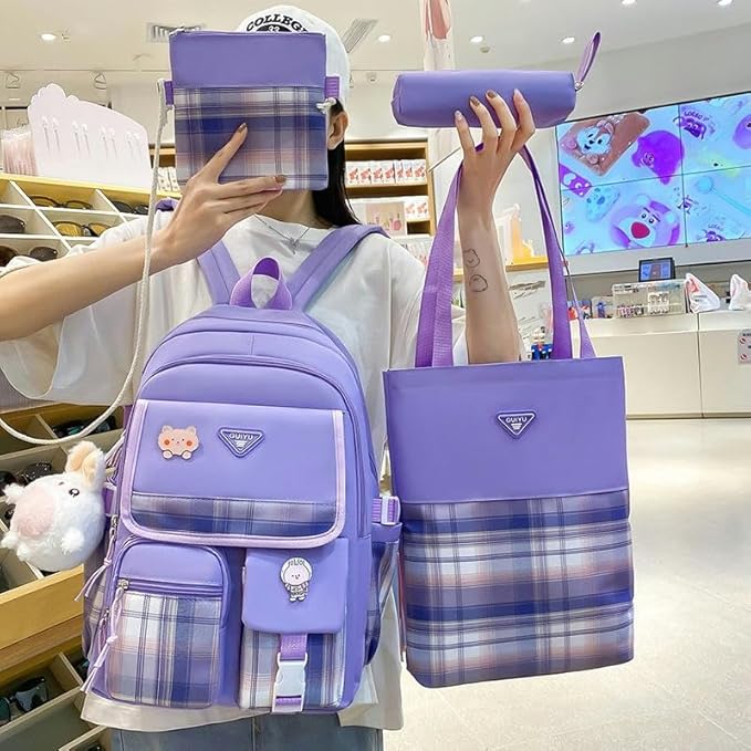 Rucksack Shoulder Bag Small Fresh Plaid Large Capacity Backpack Four Pieces Backpack Fashion Shoulder Bag Handbag