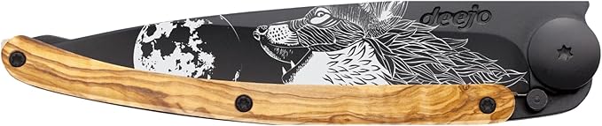 deejo - 37G Folding Pocket Knife with Belt Clip - Howling Design 3.7-Inch Stainless Steel Blade Black Titanium Finish Olive Wood Handle - Lightweight Everyday Carry for Home Work and Outdoor Use