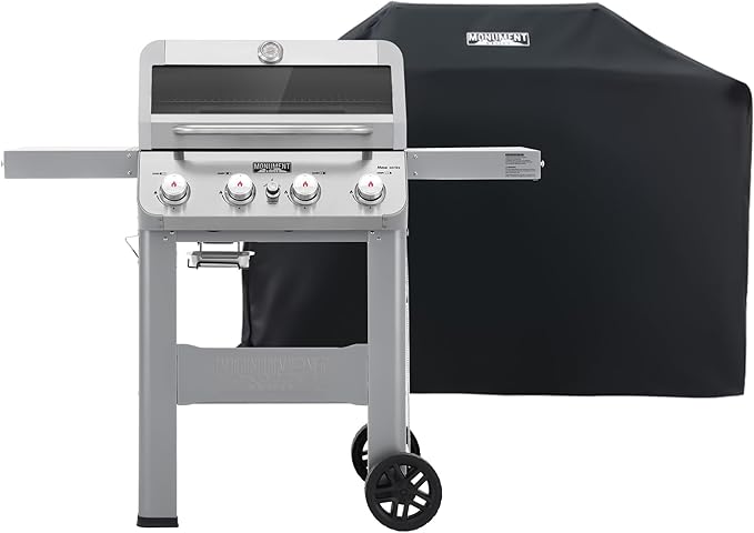 Monument Grills 4-Burner Liquid Propane Gas Grill Silver Stainless Steel Grill Patio Garden Barbecue Grill with Clearview® Lid and One Foldable Shelf Mesa400MF with BBQ Cover