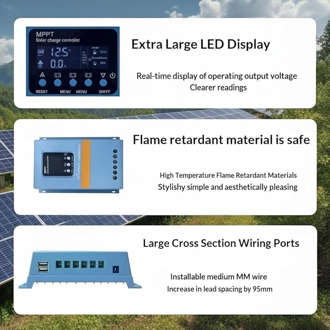 Solar Charge Controller 150A 12V 24V 36V 48V Intelligent Recognition LCD Display Battery Intelligent Regulator Maximum 100V Input Dual USB for Lead Acid/Lithium Battery (SA150A)