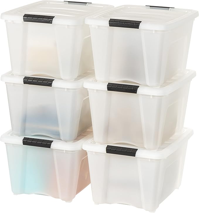 IRIS USA 32 Qt Stackable Plastic Storage Bins with Lids 6 Pack - BPA-Free Made in USA - Discreet Organizing Solution Latches Durable Nestable Containers Secure Pull Handle - Pearl