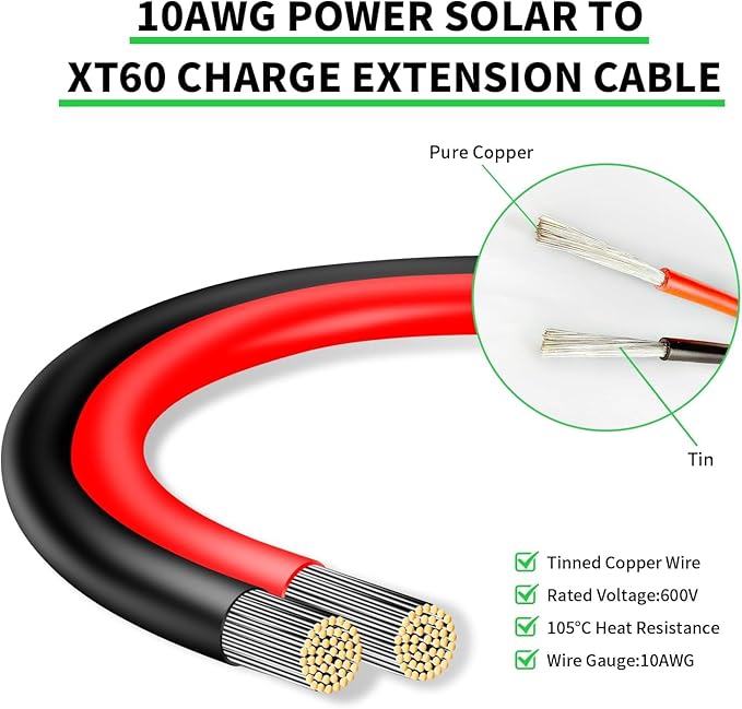 Ansoufien Solar Panel Connector to XT60 Connector Cable 30FT 10AWG Solar to XT60 Charge Extension Cable XT60 (Plug Female) Cable for RV Folding Solar Panel Portable Power Station Solar Generator