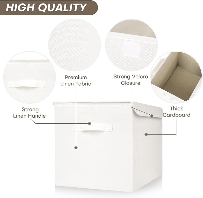 Bagnizer Large 22 Quart Linen Fabric Foldable Storage Bin Cube Organizer Basket with Flip-Top Lid &amp Handles Clothes Blanket Box for Home Office Closet White 4 Pack 14.6 x 9.5 x 9.5”