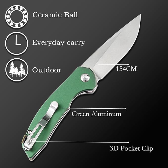 KANSEPT Accipiter Pocket Folding Knives EDC Camping Knife 2.9'' 154CM Material Pocket Folding Knife with Green Aluminum Handle Everyday Carry T2007A4
