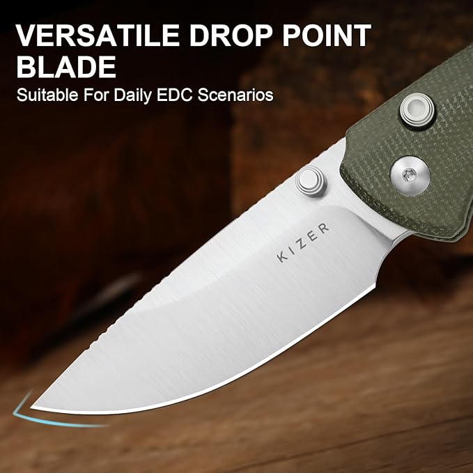 Kizer T1 BD EDC Pocket Knife 3.2 Nitro-V Steel Drop Point Folding Knives with Micarta Handle Thumb Stud Opener Button Liner Lock for Camping Hiking Fishing V3490.2BA1