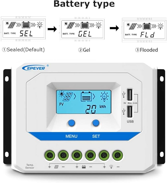 EPEVER® 10A Solar Charge Controller 12V/24V Auto Working PWM Solar Panel Charge Regulator with LCD Display and Powerful Dual USB Output