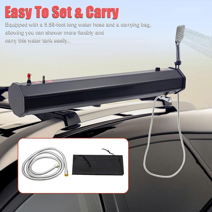 Roof Rack ShowerPressurized Roof Rack Water Tank with Shower &amp 5.58FT HosePortable Camping Solar Shower Rinse KitMulti-Functional Overland Showerfor SUVs Trucks Off-Road &amp Camping