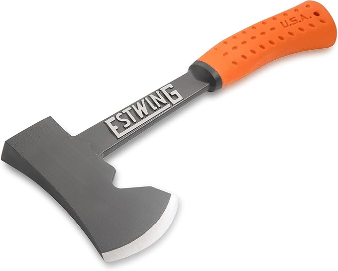 ESTWING Camper's Axe - 14 USA Made Black Hatchet with Tent Stake Puller &amp Hi-Vis Orange Shock Reduction Grip - EO-25A