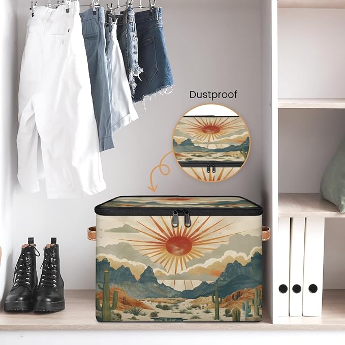 Cactus Storage Bins with Lids Desert Sunset Fabric Storage Boxes with Zipper Collapsible Decorative Closet Organizer Cube for Clothes Organizing Shelves