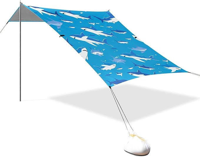 Shark Ocean Navy Blue Foldable Beach Canopy UPF50+ Protection Easy Setup Large Sun Shelter with Carrying Bag for Camping Picnics Backyard