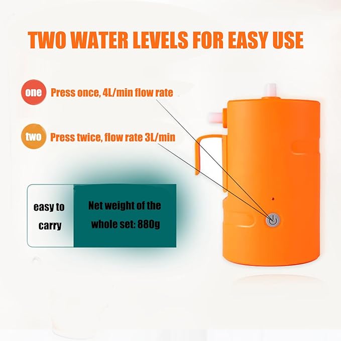A/orangePortable camping shower comes with a rechargeable IPX7 electric pump LED lighting function hook and suction cup two fixed shower modes suitable for camping and traveling