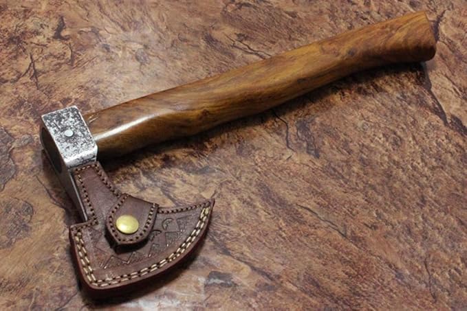 High Carbon Steel Voyager Axe Tomahawk Bearded Hiking Battle Axe 14 Inches Long with Rose Wood Round Handle Thick Cow Hide Leather Sheath