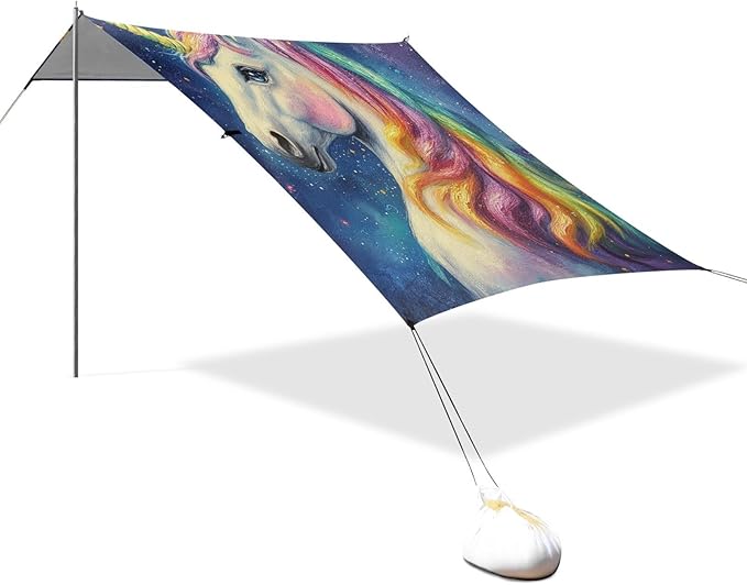 ALAZA Rainbow Unicorn Starry Beach Tent Sun Shelter Portable Canopy Sunshade for Outdoor Camping Picnics Backyard Fun 10x9 ft