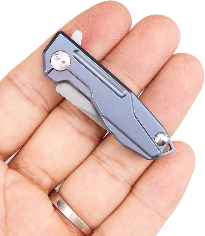 Samior HY002 Ultra Small Little Folding Pocket Flipper Knife 1.3” D2 Damascus Blade Blue Titanium Handle with Frame Lock Mini EDC Keychain Necklace Knives (Blue)