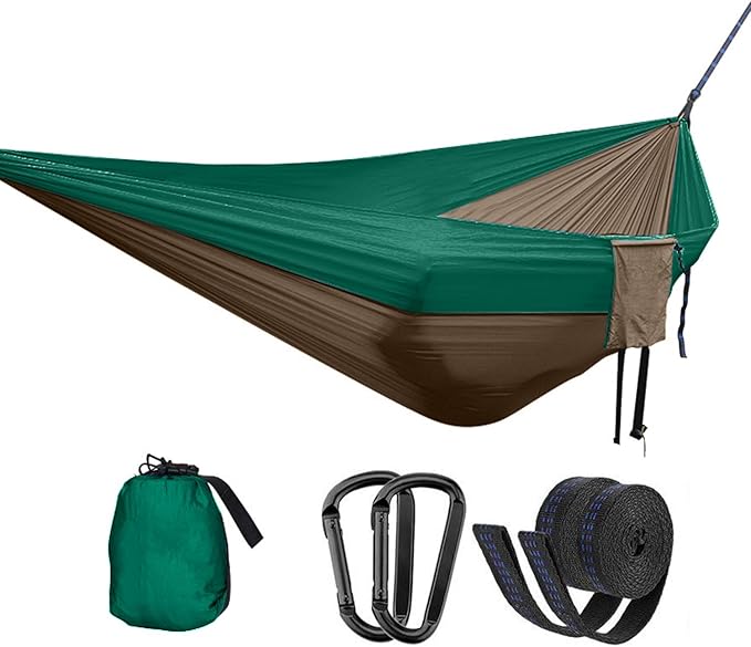 Double Camping Hammock Portable Indoor Outdoor Tree Hammock with 2 Hanging StrapsLightweight Nylon Parachute Hammocks for Backpacking Travel(Forest Green/Camel)