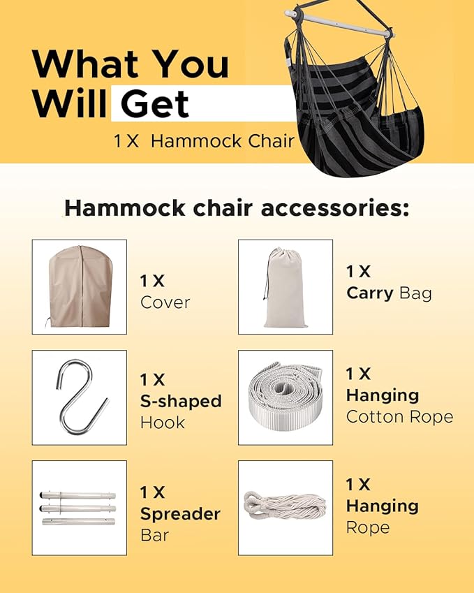 ADVOKAIR Hammock Chair Swing Heavy-Duty Hanging Rope Swing Seat Supports 500 Lbs Ideal for Outdoor Patio Backyard Porch Deck &amp Indoor Bedroom Use