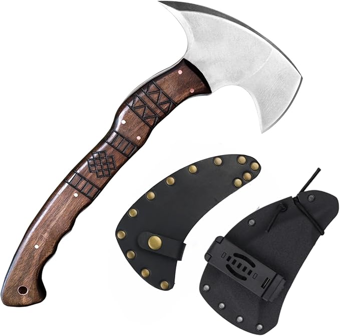 AncientSmithy Tactical Tomahawk Full Tang Camping Axe Outdoor Hatchet for Chopping with Tribal Engraving (14'' Blade with Spike and Sheath)