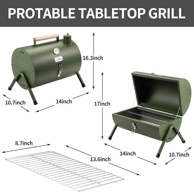 Portable Charcoal Grill Tabletop Outdoor Barbecue Smoker Small BBQ Grill for Outdoor Cooking Backyard Camping Picnics Beach by DNKMOR GREEN