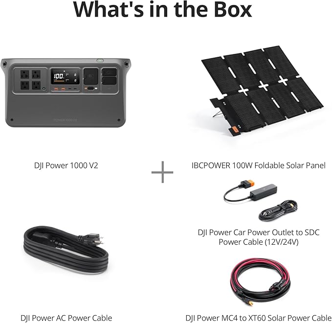DJI Power 1000 V2 Portable Power Station Solar Generator with IBCPOWER 100W Foldable Solar Panel 1024Wh LFP Battery 2600W Output Car Power Outlet to SDC Power Cable (12V/24V) Camping Outdoors