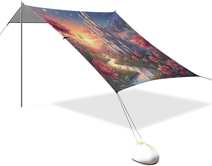 xigua Castle Beach Tent Sun Shelter with Carrying Bag - Silver Coated Oxford Fabric Beach Canopy for Beach Camping Fishing - Includes Windproof Ropes Sandbags &amp Stakes