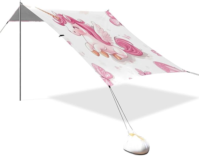 Cartoon Cute Pink Unicorns Butterfly Beach Tent &amp Canopy UPF50+ Protection Easy Setup Large Portable Sun Shelter with Sandbags &amp Sand Shovel for Camping Picnics Backyard &amp Fishing