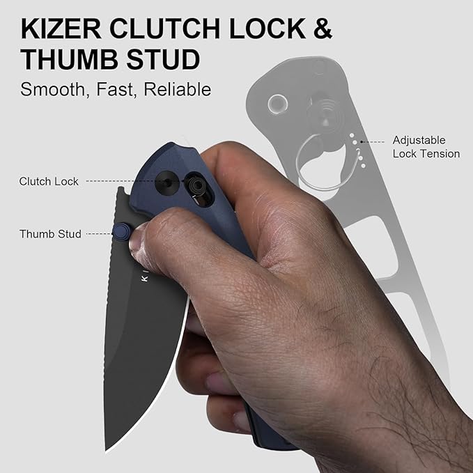 Kizer T1 CD EDC Pocket Knife 3.2 M390 Steel Drop Point Folding Knives with Aluminum Handle Black Matte DLC Coating Thumb Stud Opener Clutch Lock Folding Knife for Camping Hiking Ki3490.2CDA2