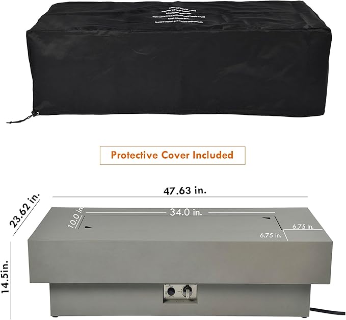 48-inch Fire Table with Natural Gas Conversion Kit &amp Wind Glass Shield 50000BTU Outdoor Modern Patio Fire Pit Table w/Rectangular Burner Lid Glass Rocks Cover