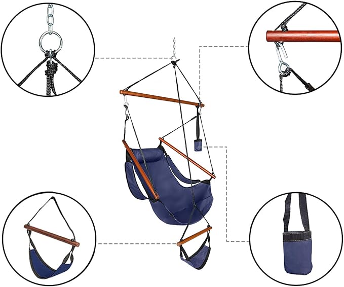 Hammock Hanging Sky Chair Large Swinging Seat Chair Indoor and Outdoor Air Swing Seat with Oxford Cloth&amp HardwoodCup Holder for Patio Bedroom or Tree (Blue)