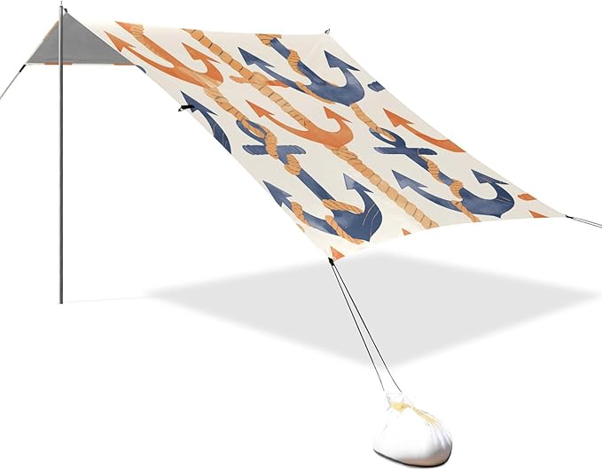 Navy Blue Striped Rope and Ocean Watercolor Foldable Beach Cabana UPF50+ Protection Lightweight Shade Sun Shelter with Sandbags &amp Sand Shovel for Camping Picnics Backyard &amp Fishing