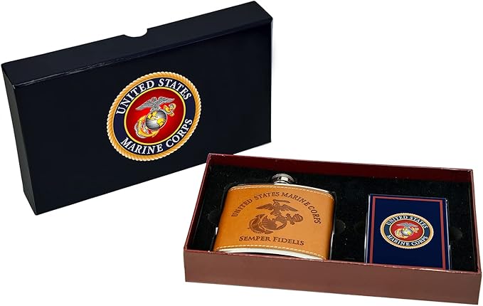 Marine Corps Flask &amp Card-Set - Leather-Wrapped USMC-Flask with Rank Playing-Cards – Marine-Corps Gifts | Disabled Vet Owned SMALL Business