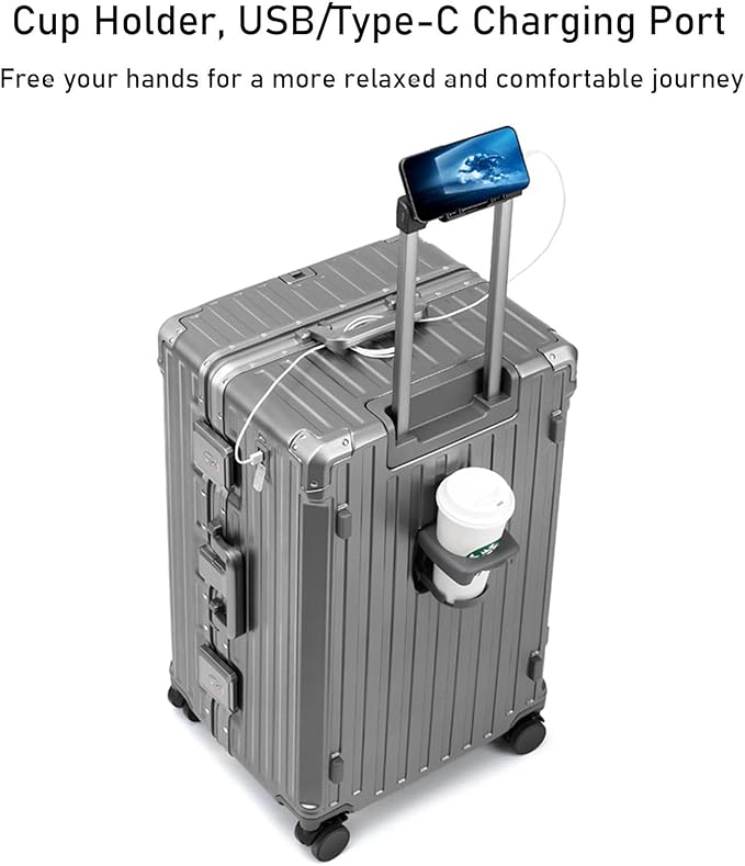 LEOVEN Hardside Luggage LS-0683 PC Hard Shell Suitcase with Cup Holder USB Type-C 3:7 Ratio Large Capacity Aluminium Frame TSA Customs Lock 360° Double Wheels with Brake and Shock Absorber