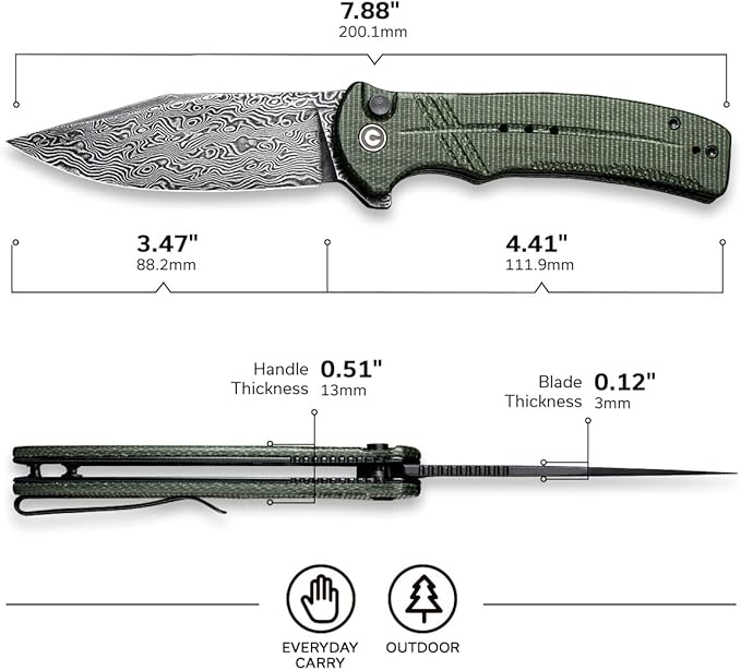 CIVIVI Cogent Button Lock Flipper Pocket Knife Damascus Blade Green Micarta Handle Good for Outdoor EDC Camping C20038D-DS1