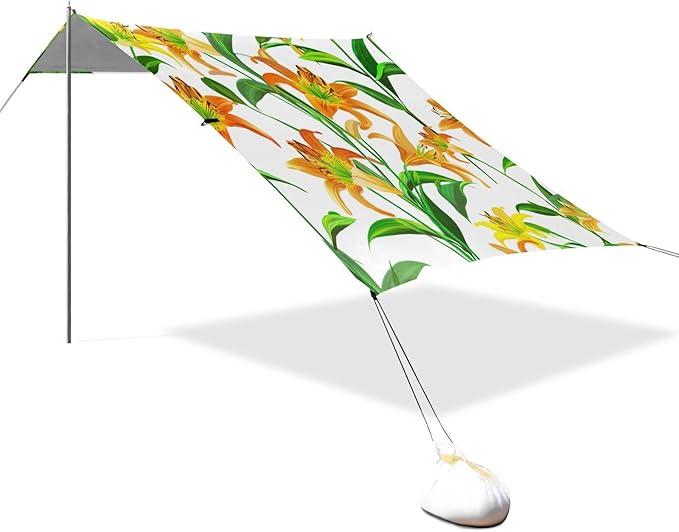 Beach Canopy with Windproof Ropes &amp Sandbags Beach Tent Sun Shade Sun Shelter for Camping Trips Fishing Backyard Fun or Picnics Orange Lily