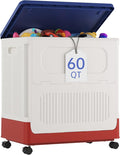 HAIXIN Storage Bin with Lid - 60 QT Plastic Storage Box with Wheels 14.8 Gal Flip-top Organizer for Clothes Large Toy Chest with Animal Stickers for Kids White Bin with Blue Lid and Red Base